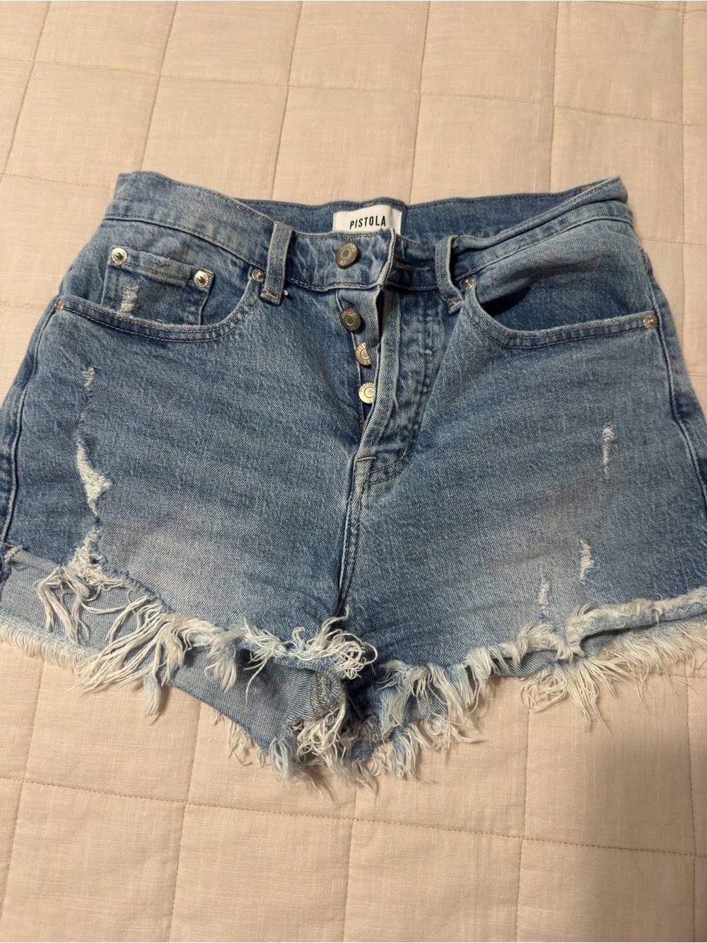 pistola Light Blue Distressed Frayed Hem Denim Shorts